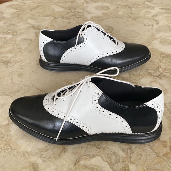 Cole Haan Grand OS Black & White Leather Saddle Golf Shoes - Picture 3 of 13